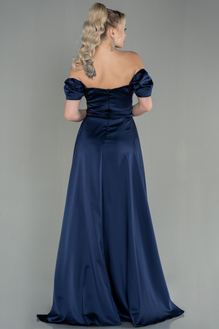 Robe de Soirée Longue Satin Bleu Marine ABU2903