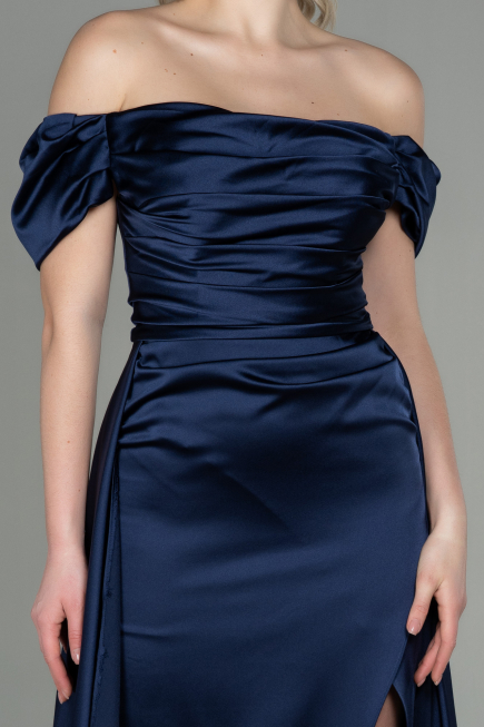 Robe de Soirée Longue Satin Bleu Marine ABU2903