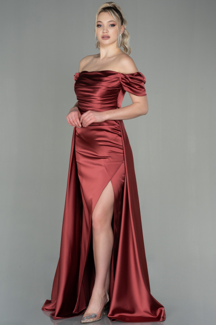 Robe de Soirée Longue Satin Marron Clair ABU2903