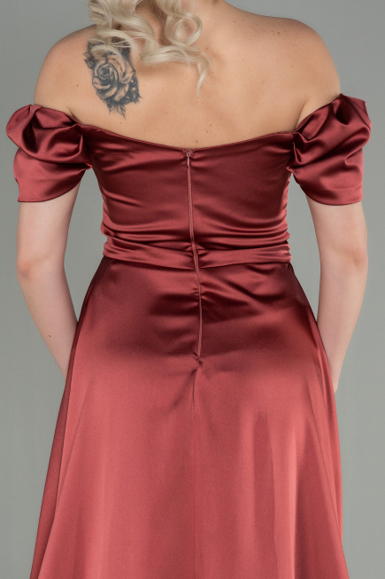 Robe de Soirée Longue Satin Marron Clair ABU2903