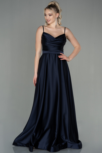 Robe De Soirée Satin Longue Bleu Marine Foncé ABU1601