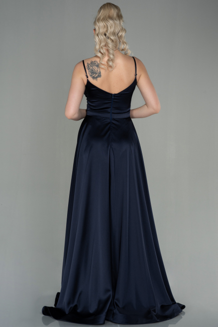 Robe De Soirée Satin Longue Bleu Marine Foncé ABU1601