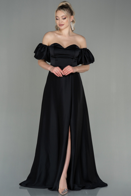 Robe de Soirée Longue Satin Noir ABU2917