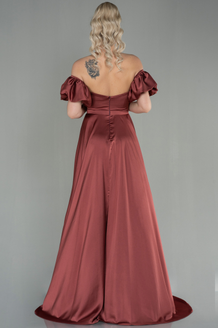 Robe de Soirée Longue Satin Marron Clair ABU2917