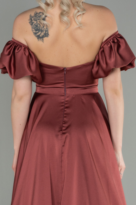 Robe de Soirée Longue Satin Marron Clair ABU2917
