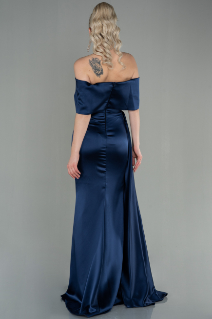 Robe de Soirée Longue Satin Bleu Marine ABU2893