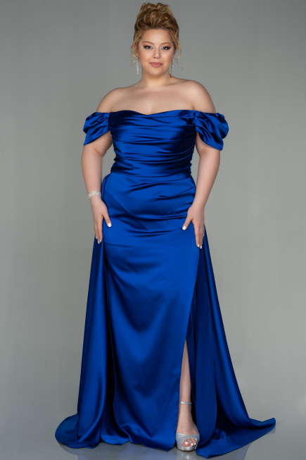 Robe de Soirée Grande Taille Longue Satin Bleu Saxe ABU2923
