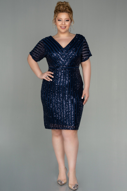 Robe de Soirée Grande Taille Courte Bleu Marine ABK686