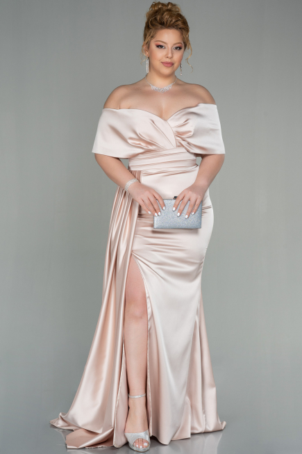 Robe Grande Taille Satin Longue Beige ABU2873