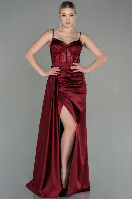 Robe De Soirée Satin Longue Rouge Bordeaux ABU2130