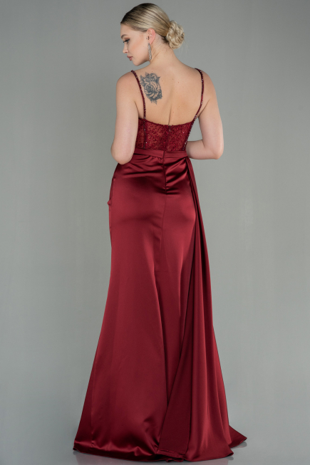 Robe De Soirée Satin Longue Rouge Bordeaux ABU2130