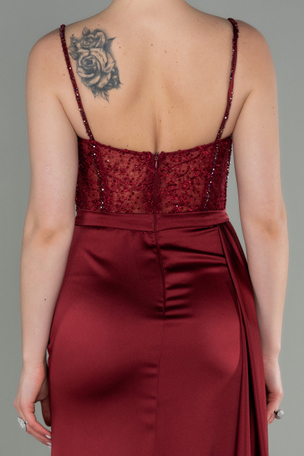 Robe De Soirée Satin Longue Rouge Bordeaux ABU2130