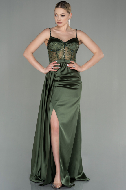 Robe de Soirée Longue Satin Kaki ABU2130