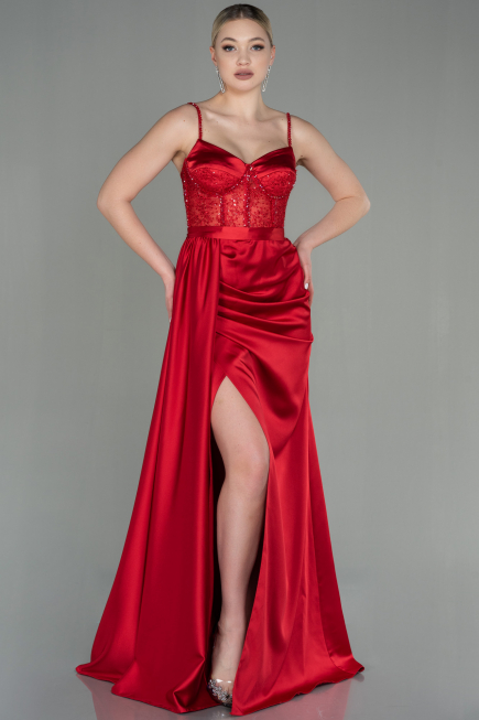 Robe de Soirée Longue Satin Rouge ABU2130