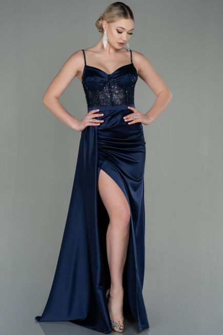 Robe De Soirée Satin Longue Bleu Marine ABU2130