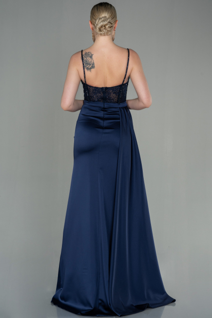 Robe De Soirée Satin Longue Bleu Marine ABU2130