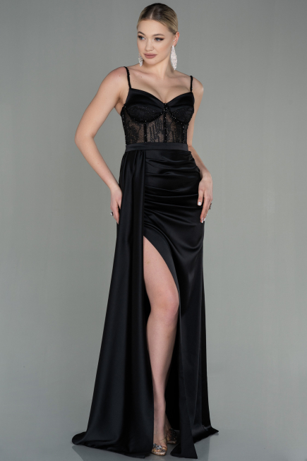 Robe de Soirée Longue Satin Noir ABU2130