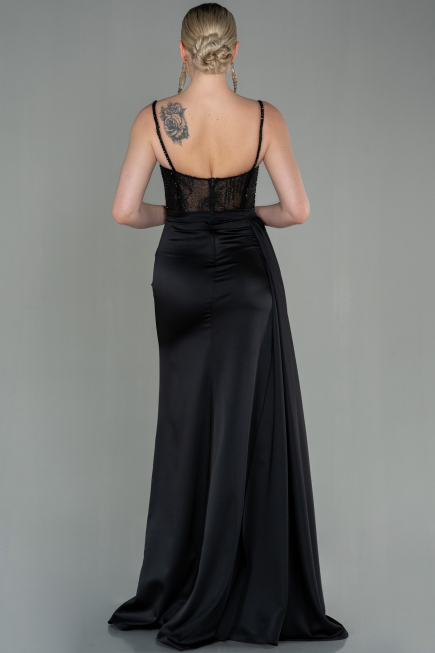 Robe de Soirée Longue Satin Noir ABU2130