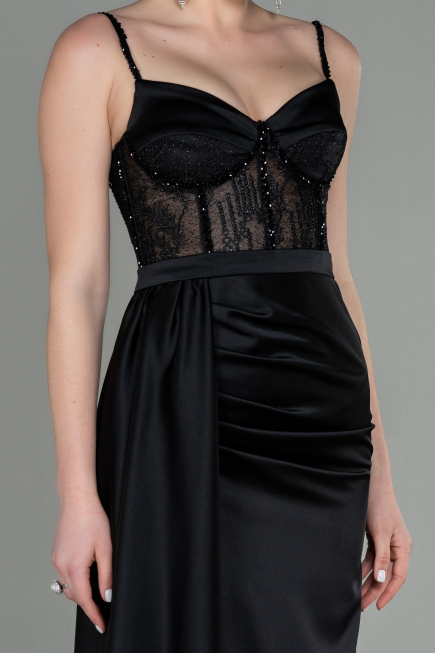 Robe de Soirée Longue Satin Noir ABU2130