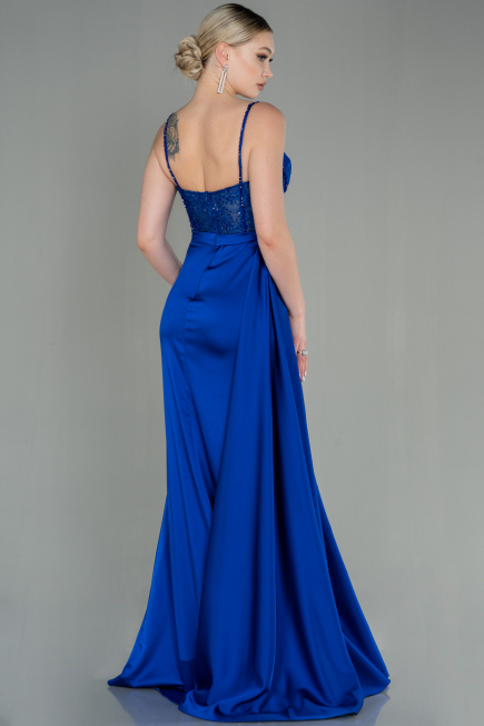 Robe De Soirée Satin Longue Bleu Saxe ABU2130
