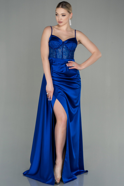 Robe De Soirée Satin Longue Bleu Saxe ABU2130