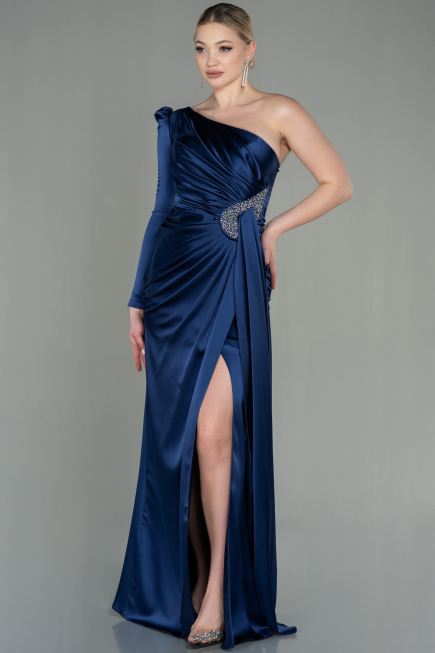Robe de Soirée Longue Satin Bleu Marine ABU2676