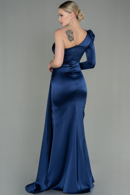 Robe de Soirée Longue Satin Bleu Marine ABU2676
