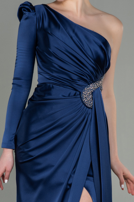 Robe de Soirée Longue Satin Bleu Marine ABU2676