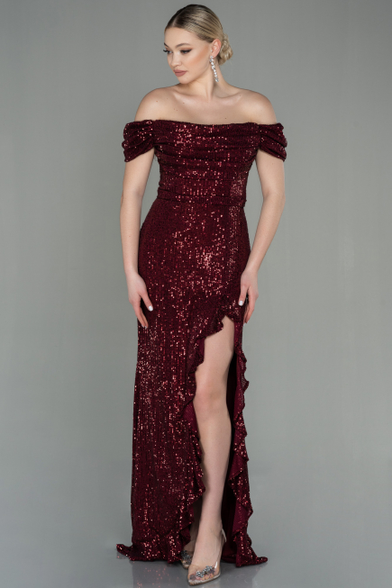 Robe de Soirée Longue Squameuse Rouge Bordeaux ABU2954