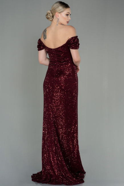 Robe de Soirée Longue Squameuse Rouge Bordeaux ABU2954