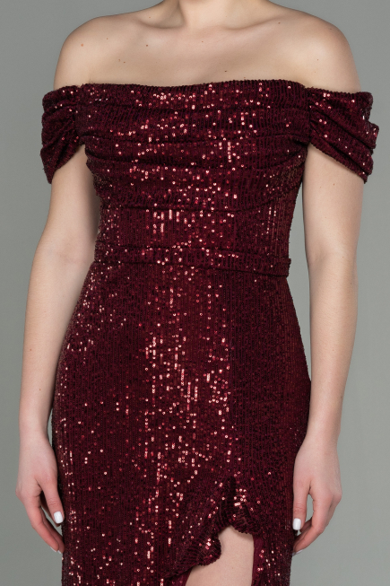 Robe de Soirée Longue Squameuse Rouge Bordeaux ABU2954