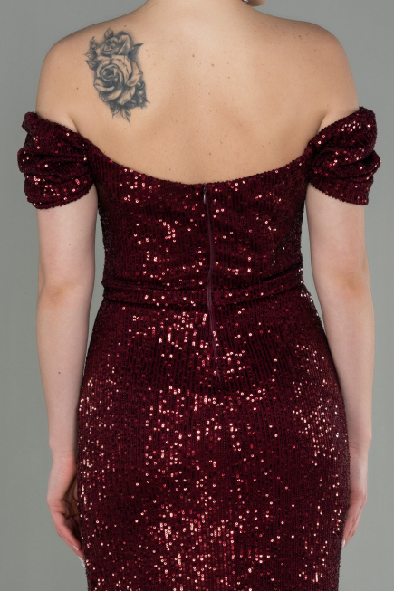 Robe de Soirée Longue Squameuse Rouge Bordeaux ABU2954
