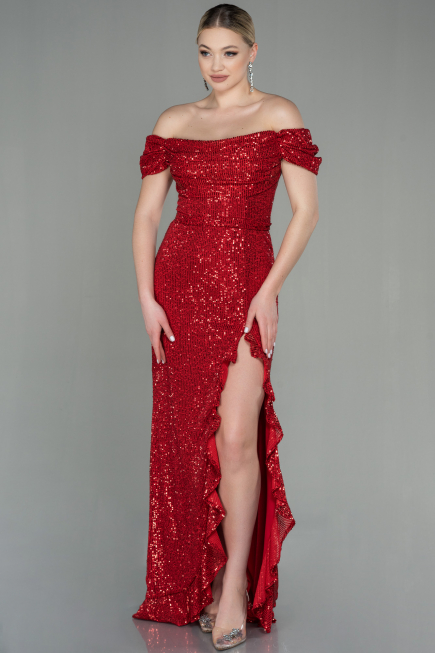 Robe de Soirée Longue Squameuse Rouge ABU2954