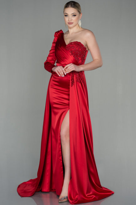 Robe De Soirée Satin Longue Rouge ABU2610