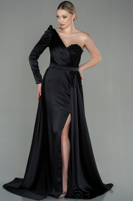Robe De Soirée Satin Longue Noir ABU2610