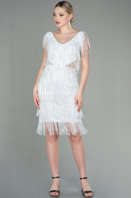 Robe de Cérémonie Courte Squameuse Blanc ABK1674