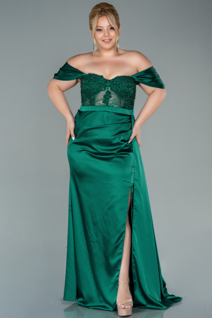 Robe Grande Taille Satin Longue Émeraude ABU2371