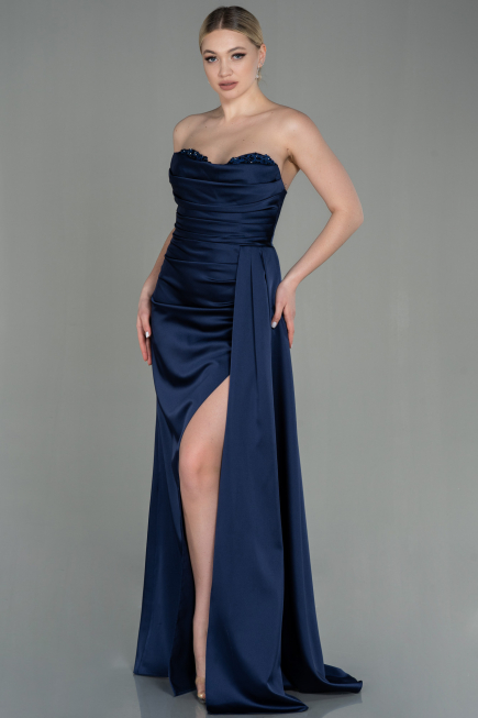 Robe de Soirée Longue Satin Bleu Marine ABU2965