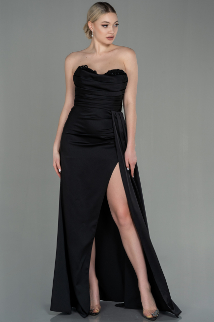 Robe de Soirée Longue Satin Noir ABU2965