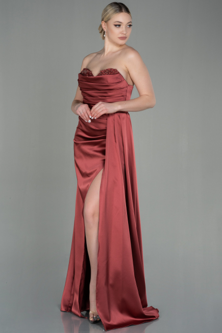 Robe de Soirée Longue Satin Marron Clair ABU2965