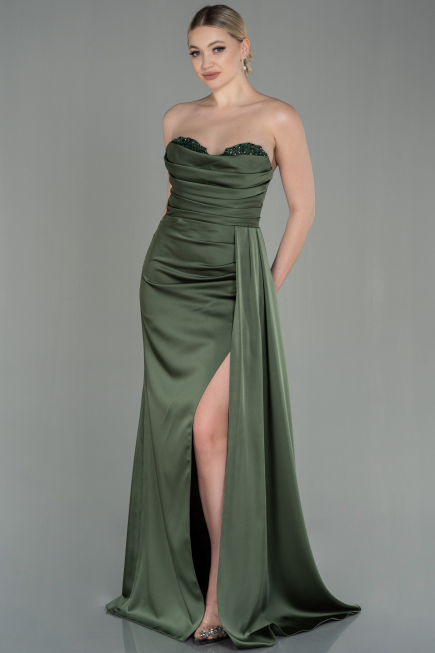 Robe de Soirée Longue Satin Vert Huile ABU2965