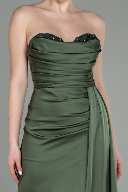 Robe de Soirée Longue Satin Vert Huile ABU2965