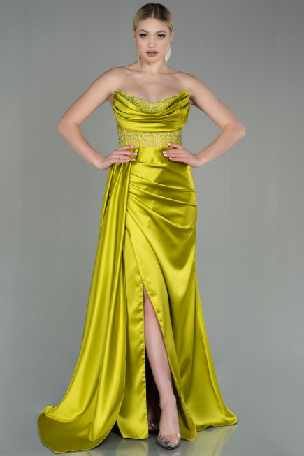 Robe De Soirée Satin Longue Pistache vert ABU2127