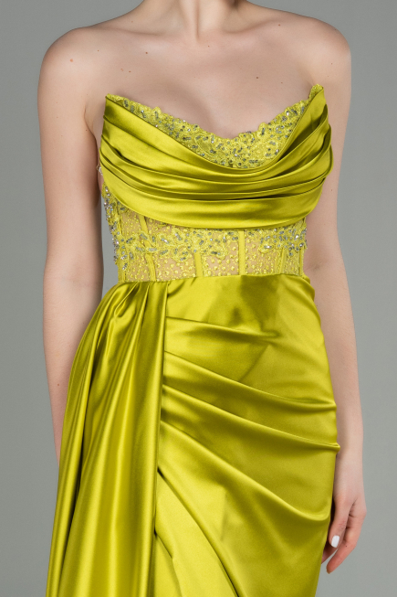 Robe De Soirée Satin Longue Pistache vert ABU2127