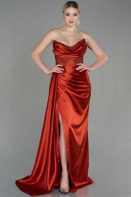 Robe De Soirée Satin Longue Marron clair ABU2127
