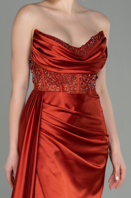 Robe De Soirée Satin Longue Marron clair ABU2127