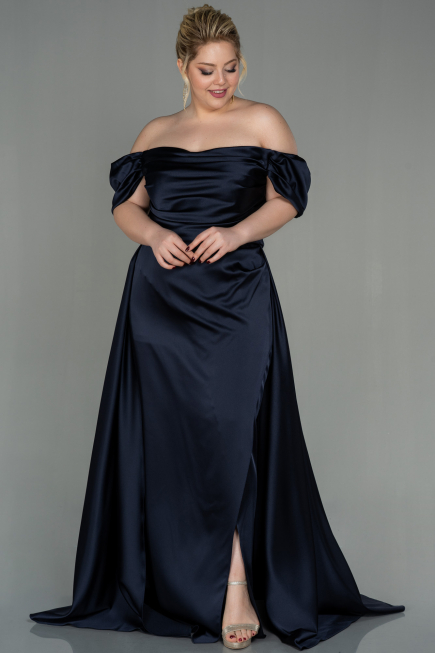 Robe de Soirée Grande Taille Longue Satin Bleu Marine Foncé ABU2923