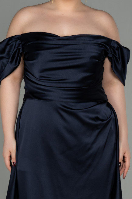 Robe de Soirée Grande Taille Longue Satin Bleu Marine Foncé ABU2923