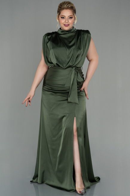 Robe Grande Taille Longue Satin Kaki ABU2969