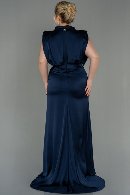 Robe Grande Taille Longue Satin Bleu Marine ABU2969